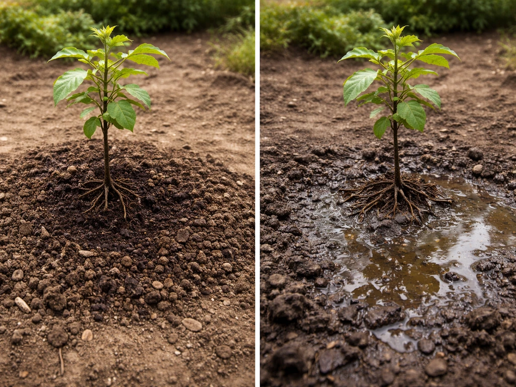 Split view of walnut tree roots in well-drained soil vs waterlogged soil showing rot risk