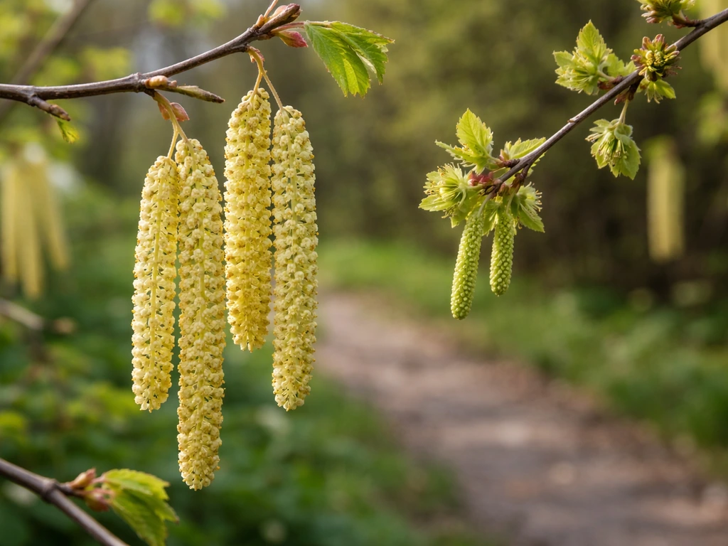 Close view of hazel catkins in spring with nearby hazel branches in a quiet garden, suggesting cross-pollination.