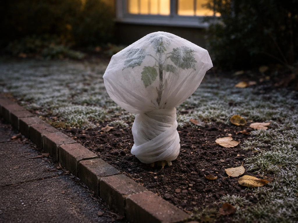 Young sweet chestnut sapling wrapped in fleece for winter frost protection on a UK garden border