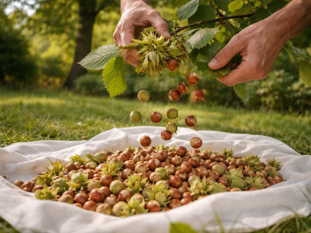 Hands shake hazelnut branches over a sheet on the ground, with husks and kernels ready for drying.