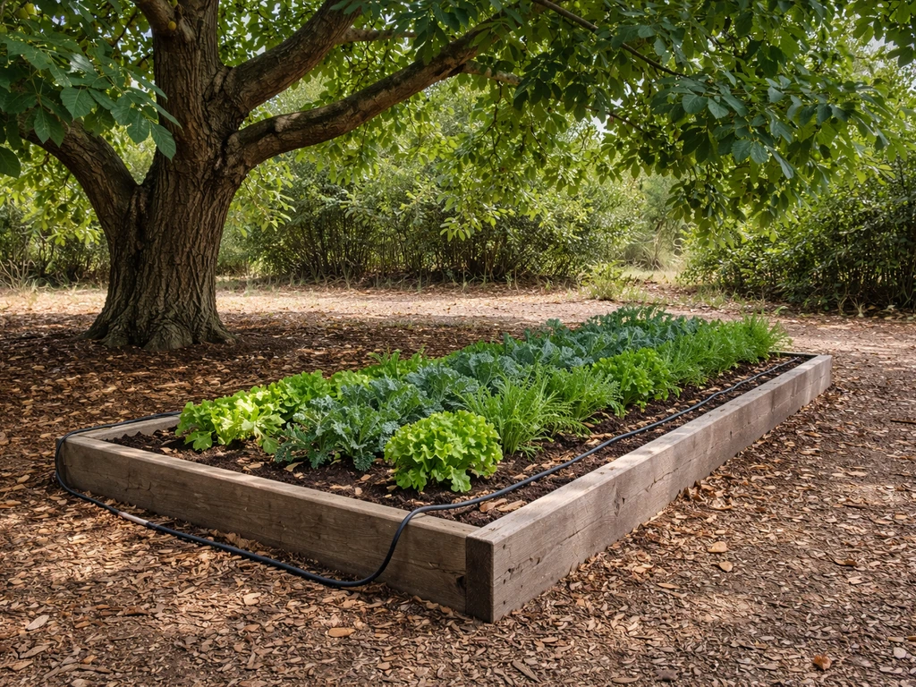 Vegetable bed beside a walnut tree canopy with mulch and drip irrigation at a safe distance.