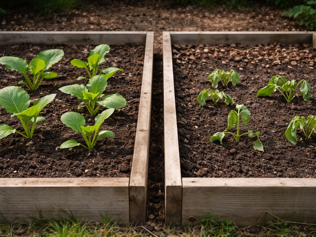 Minimal photo showing two garden beds side by side with healthy leafy greens and other seedlings near dark soil.