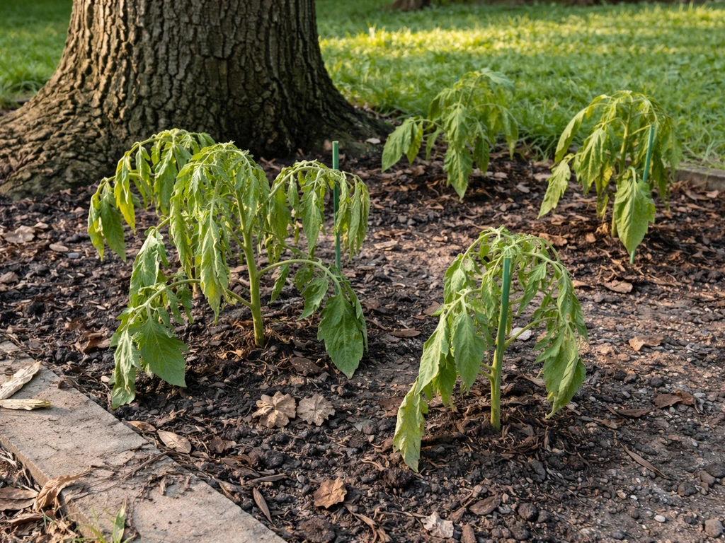 Wilting tomato and pepper plants near a black walnut tree trunk in a backyard garden bed