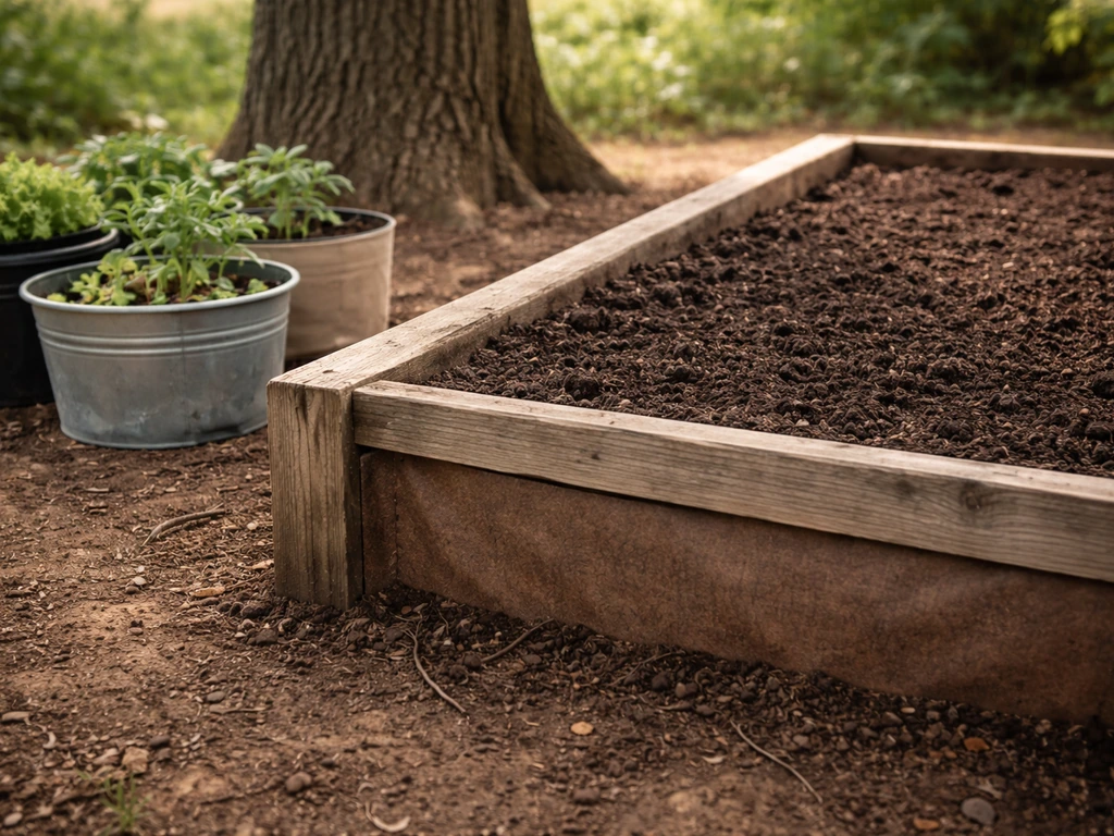 Raised garden bed and containers beside a walnut tree, with visible root barrier edging detail at bed depth.