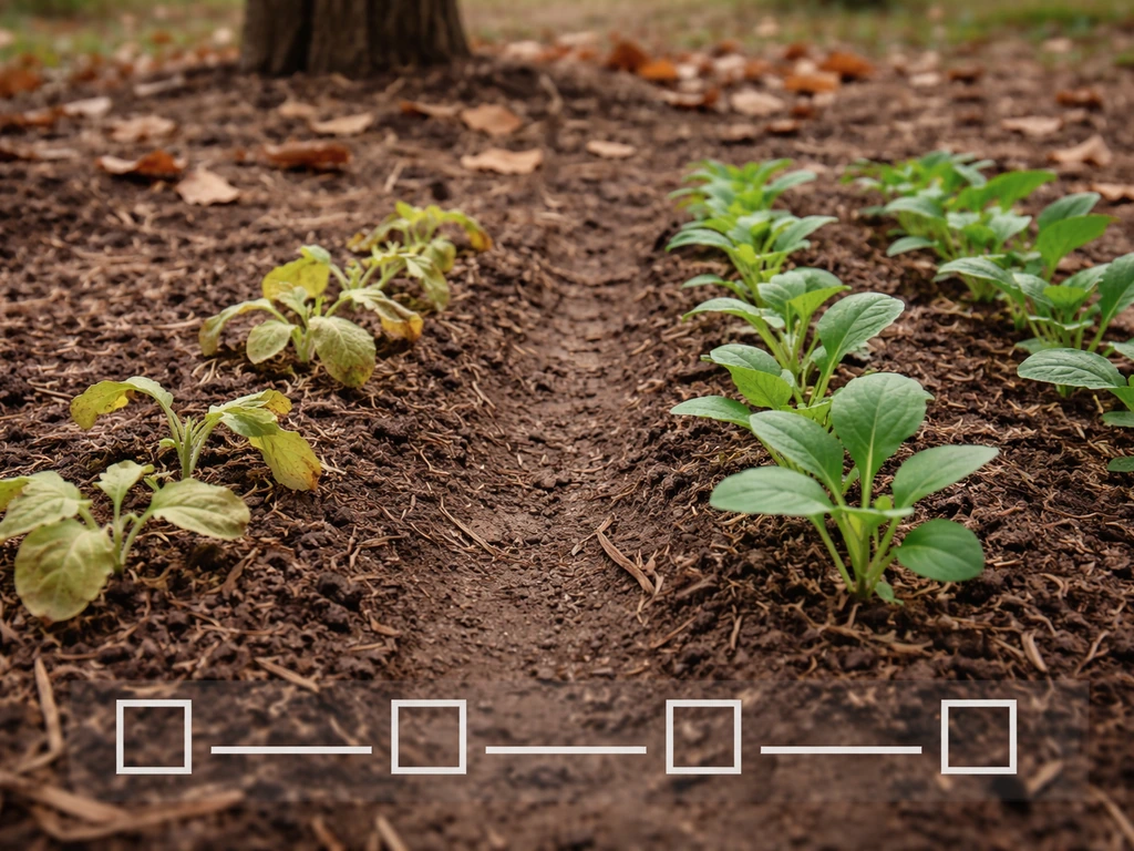 Garden bed with two seedling rows: stunted wilting seedlings near a walnut area, and healthy seedlings further away.
