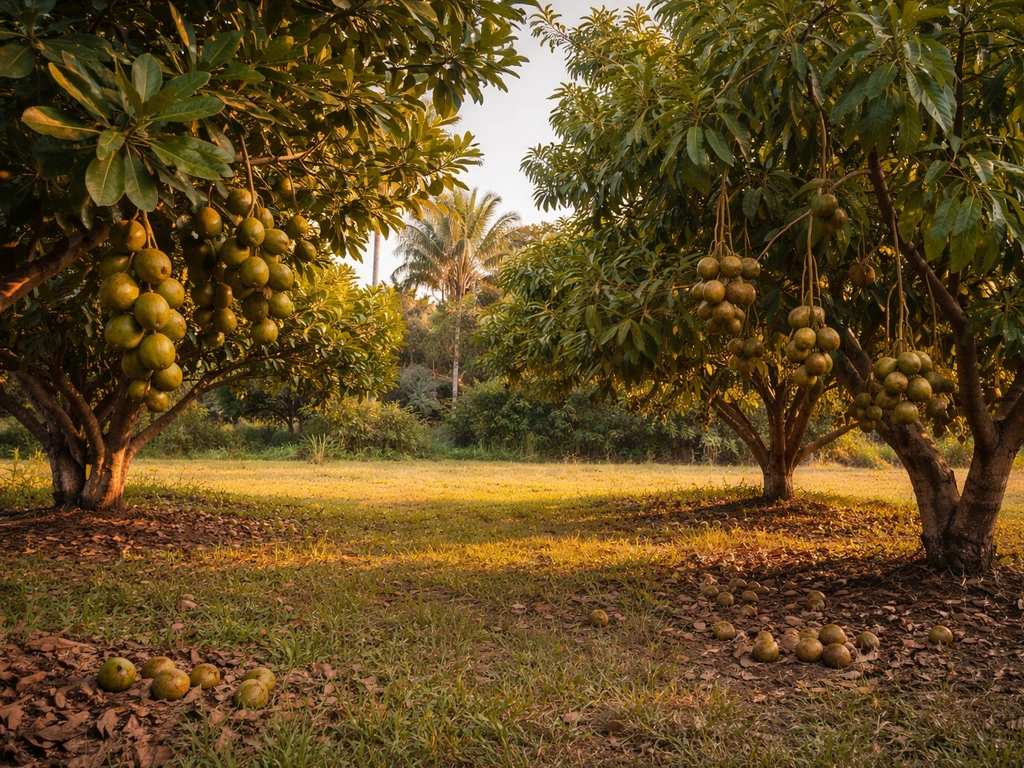 Wide Hawaii orchard with macadamia and another nut tree, hanging green nut clusters and a few on the ground.