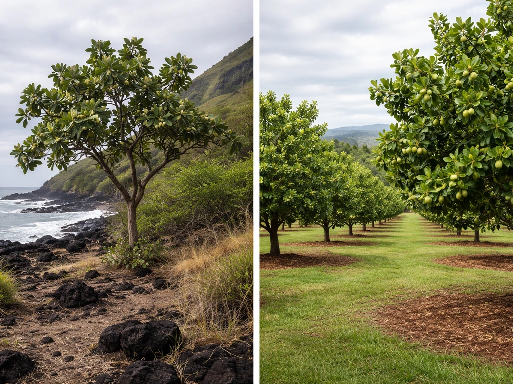 Two contrasting Hawaii scenes: a lone kukui tree on volcanic landscape versus an introduced orchard-style nut tree