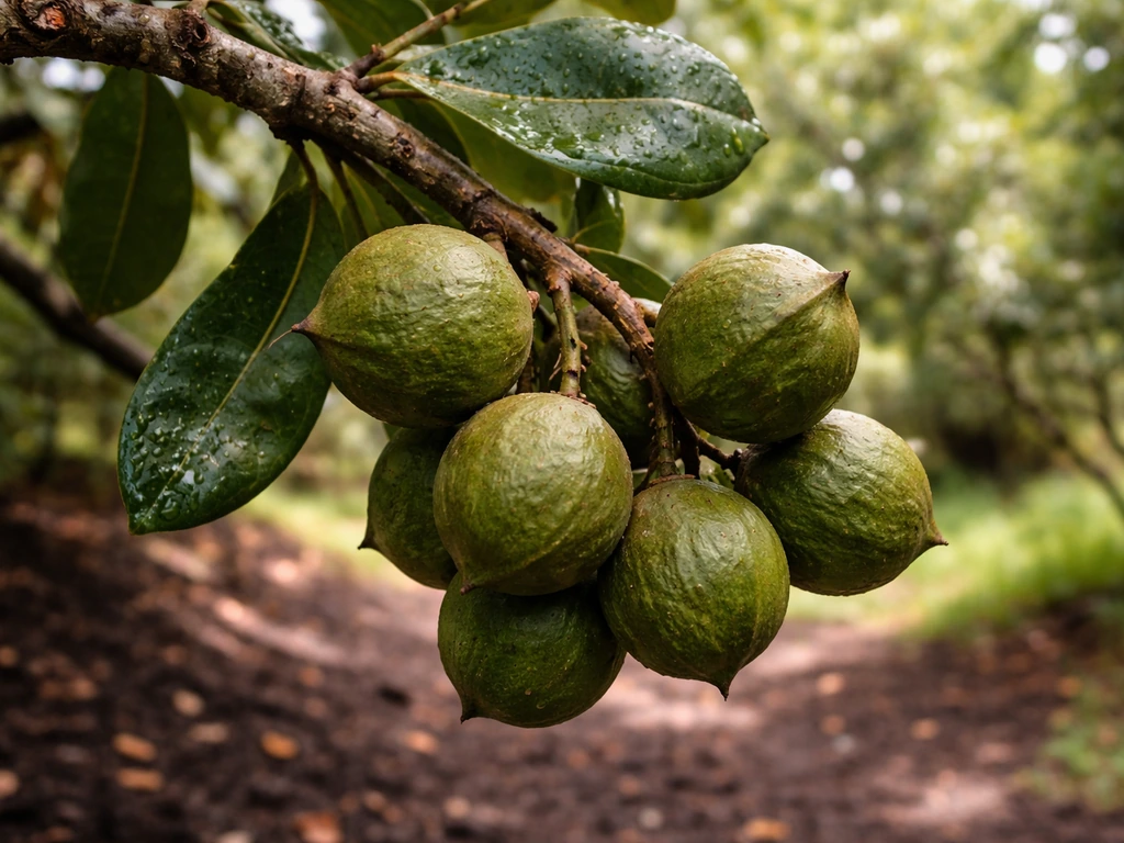 Close-up of macadamia nuts clustered on a branch in a sunlit tropical setting