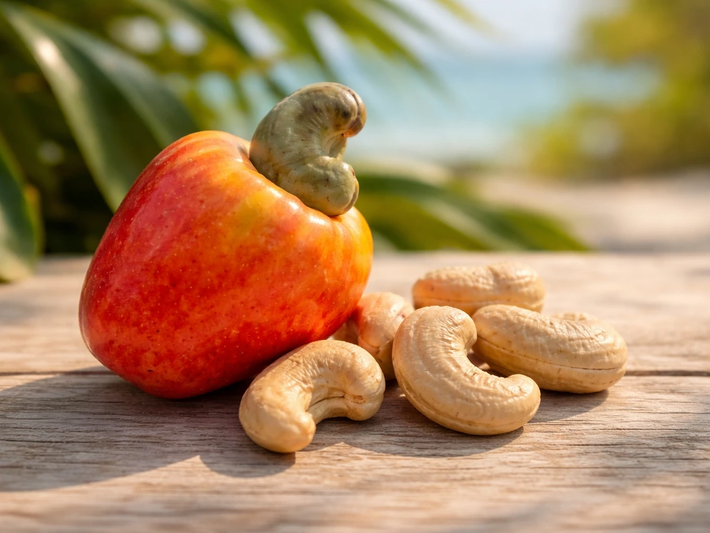 Cashew apple and cashew nuts on a simple wooden surface with tropical green leaves