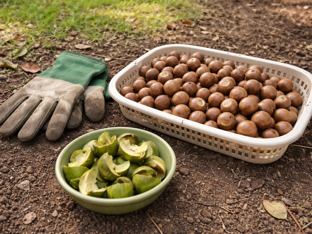 Freshly dehusked macadamia nuts in a backyard container with harvested husks nearby