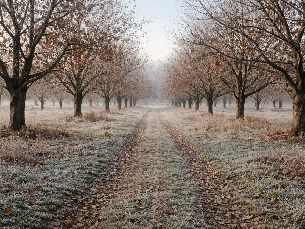 Frost-ready seasonal grove of nut trees in an Indiana-style orchard with a clear winter mood