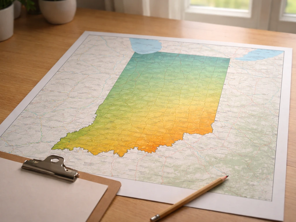 Desk photo of a wall map showing Indiana’s north-to-south hardiness zone gradient from 5b to 7a.