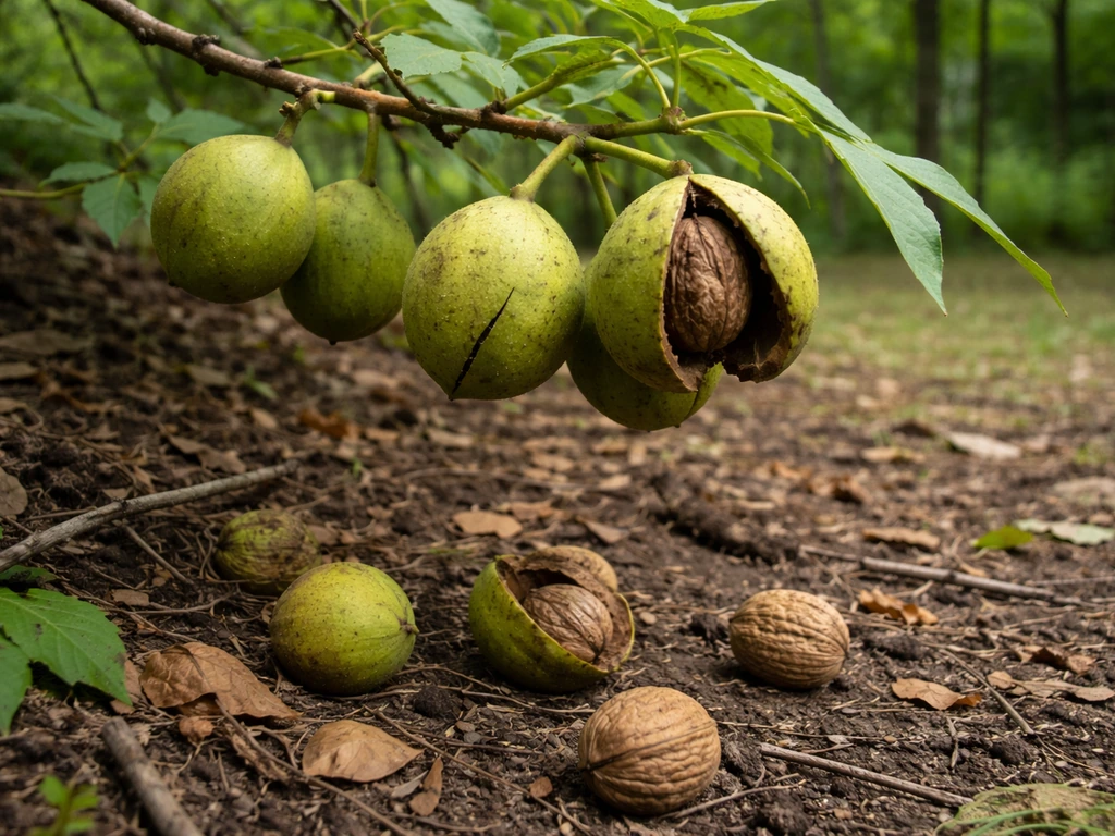 Close-up of black walnuts on a branch with husks and fallen nuts on the ground