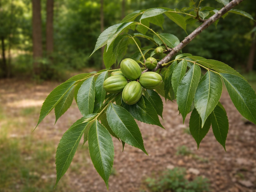 Young pecan nuts and green leaves on a small branch, suggesting limited edge-of-range growth in Indiana.