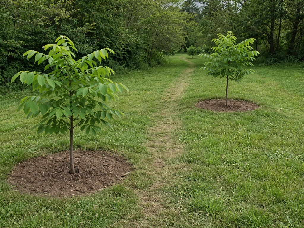 Two young walnut-like trees planted close together with cleared soil around them for wind pollination spacing.