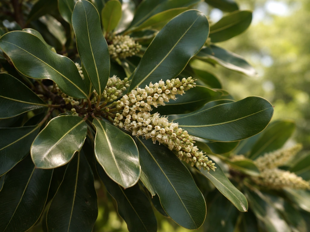 Close-up of macadamia tree leaves with small flower inflorescences against a softly blurred background.