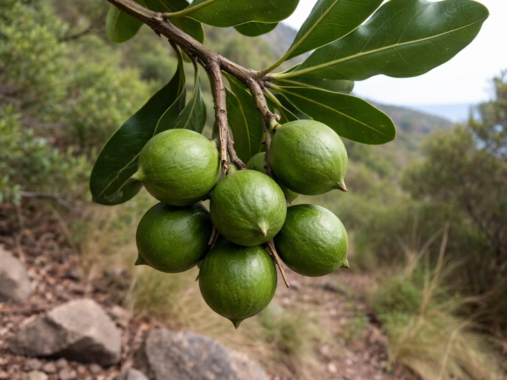Macadamia tree branch with green nuts on a quiet coastal hillside in natural light.