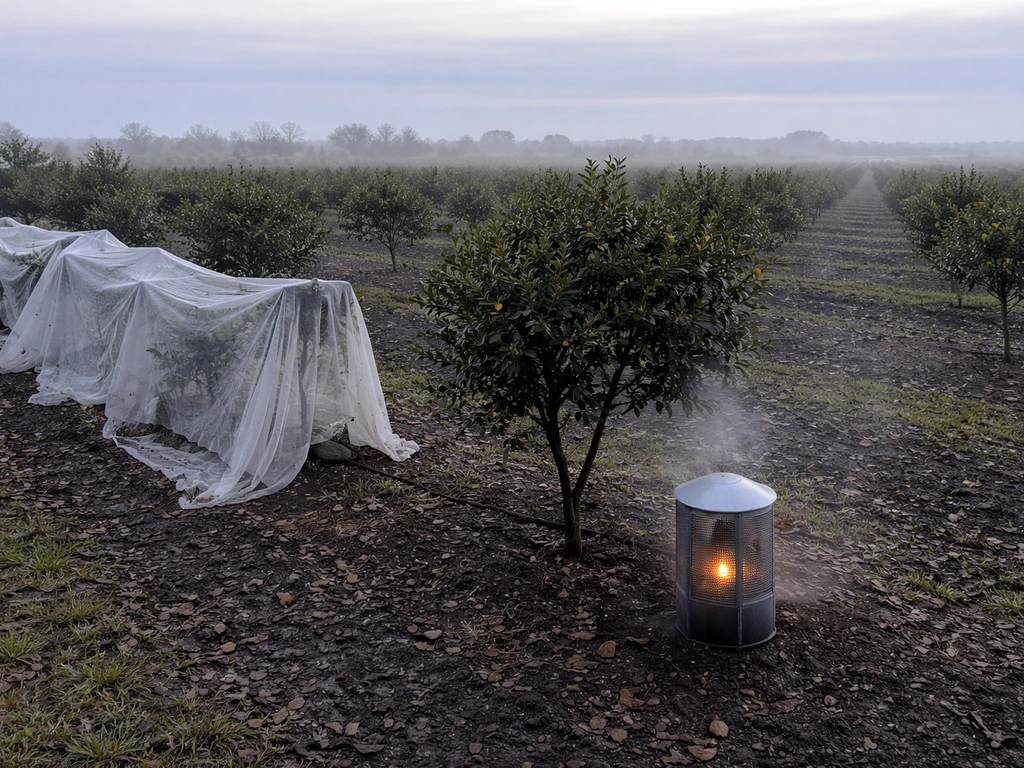 Macadamia orchard in Florida with frost fabric and a small heater setup near young trees.