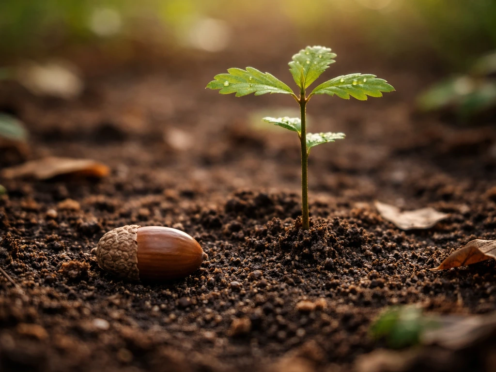 Acorn on moist soil gradually transitioning to a young oak sapling in natural light