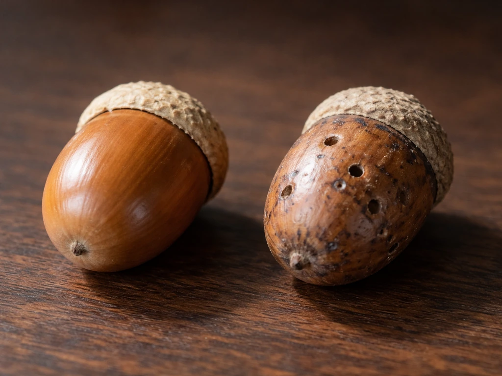 Close-up of plump undamaged acorns beside damaged acorns with holes on a dark wooden surface.