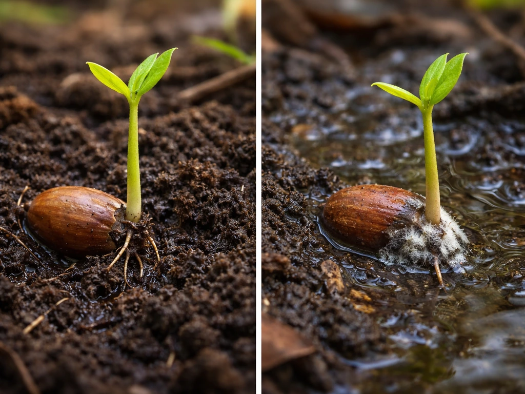 Split scene of an exposed seedling with healthy soil vs waterlogged soil showing fungal rot.