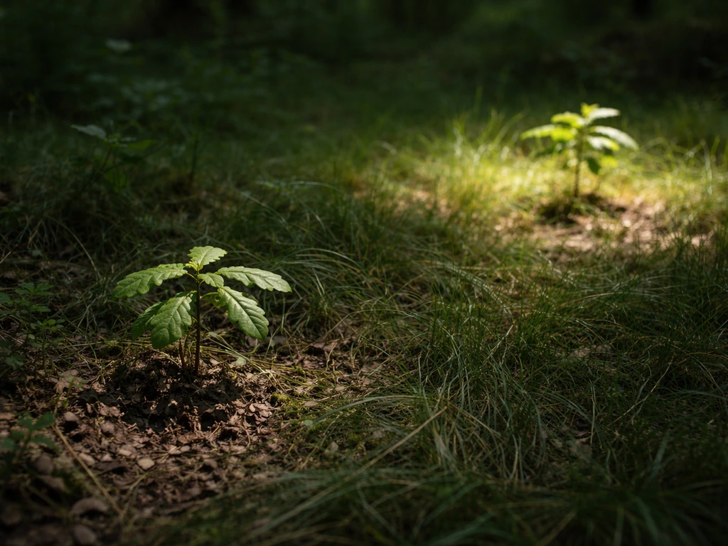 Small oak seedling struggling in dense grass under low light, beside brighter patch suggesting better growth.