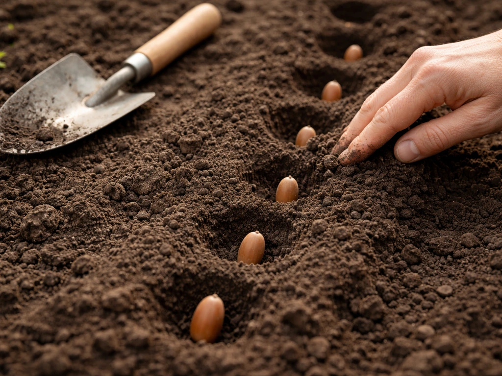 Acorns placed in a simple planting furrow, pointed ends down, soil ready to cover evenly.