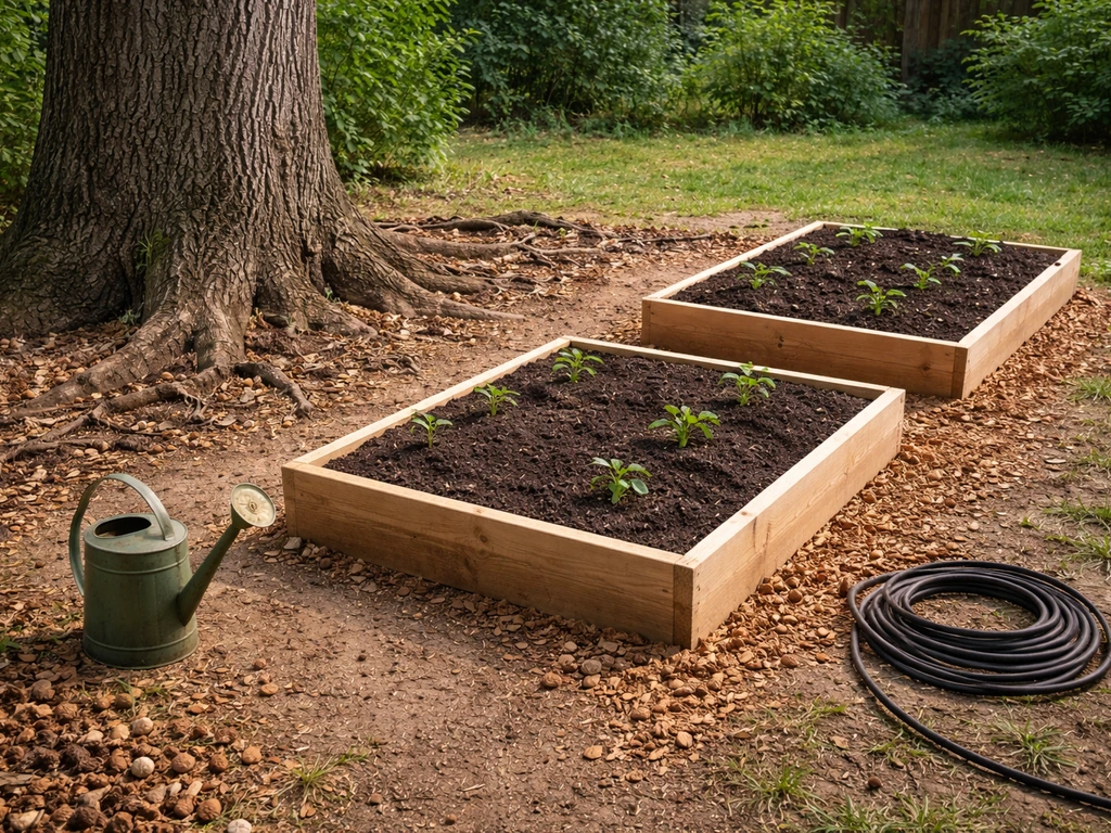 Raised vegetable beds near a black walnut tree, fresh soil and mulch showing a clear planting boundary.