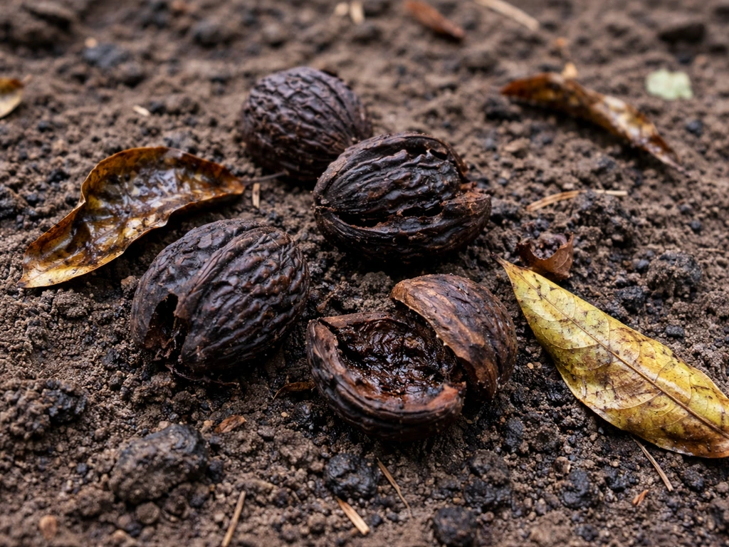 Close-up of black walnut hull fragments and leaves on soil with slightly darkened ground nearby.