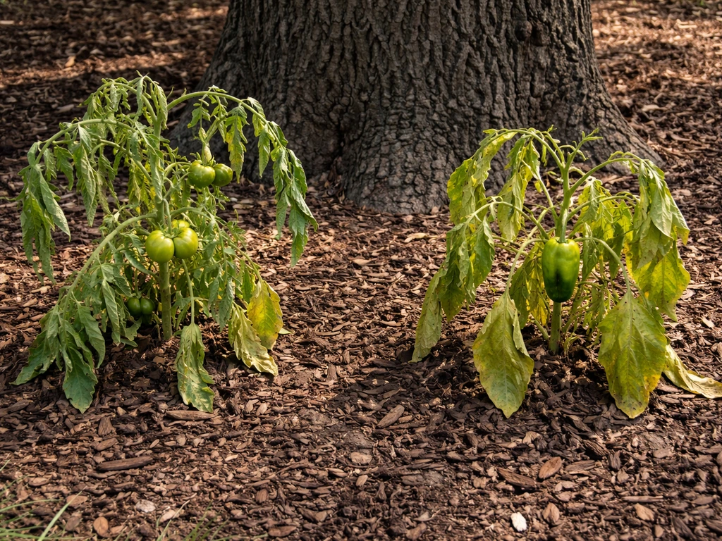 Wilting tomato and pepper plants in a small garden bed near a black walnut tree trunk