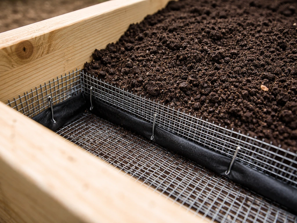 Closeup of a raised garden bed lined with root barrier fabric and filled with fresh soil ready to plant