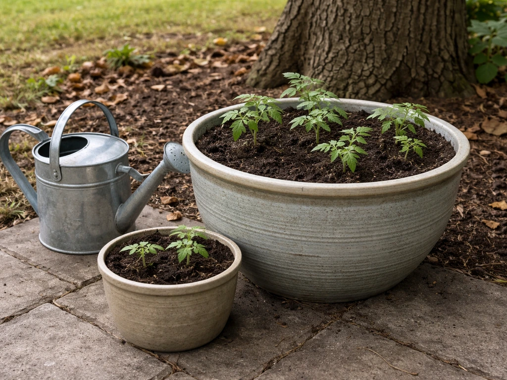 Large planters with fresh potting mix and seedlings near a walnut tree.