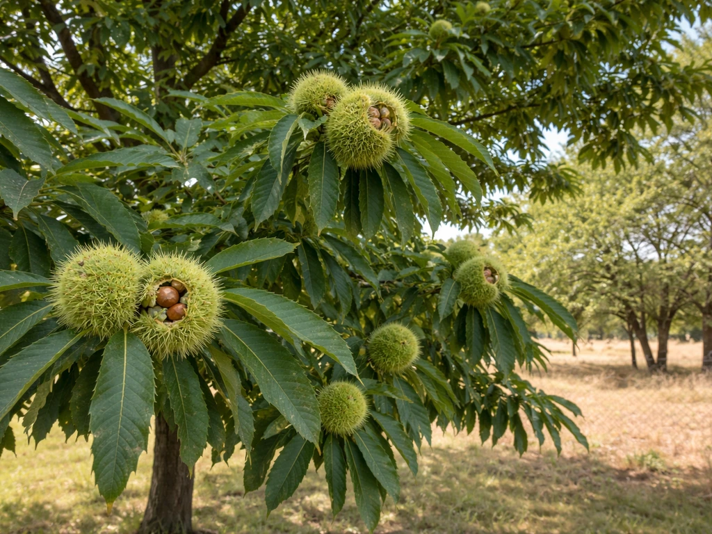 Chestnut tree canopy with green burrs and nuts in an Oklahoma backyard field setting