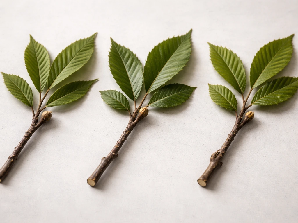 Three chestnut twigs with leaves and buds on a neutral background, showing subtle differences.