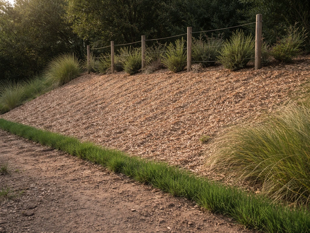 Minimal east-facing hillside with groundcover mulch and a small shrub windbreak against wind and heat.