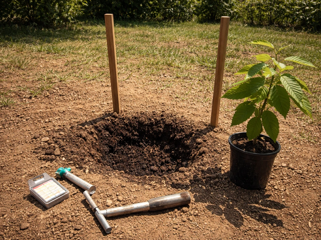 Sunlit garden planting setup with an amended hole, chestnut sapling, stakes, and a pH-test kit on soil.