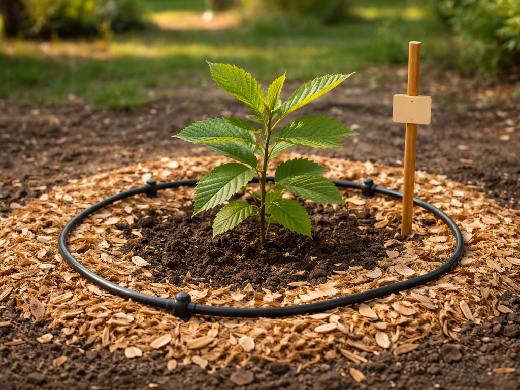 Close-up of wood-chip mulch ring around a young chestnut sapling with drip irrigation nearby.