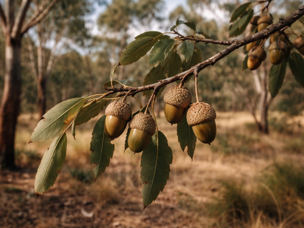 Australian oak branches with acorns and cups hanging in a sunlit woodland.