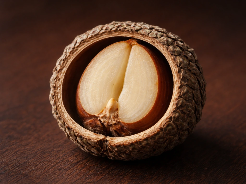 Macro close-up cross-section of an acorn showing the nut seed and woody cupule texture.