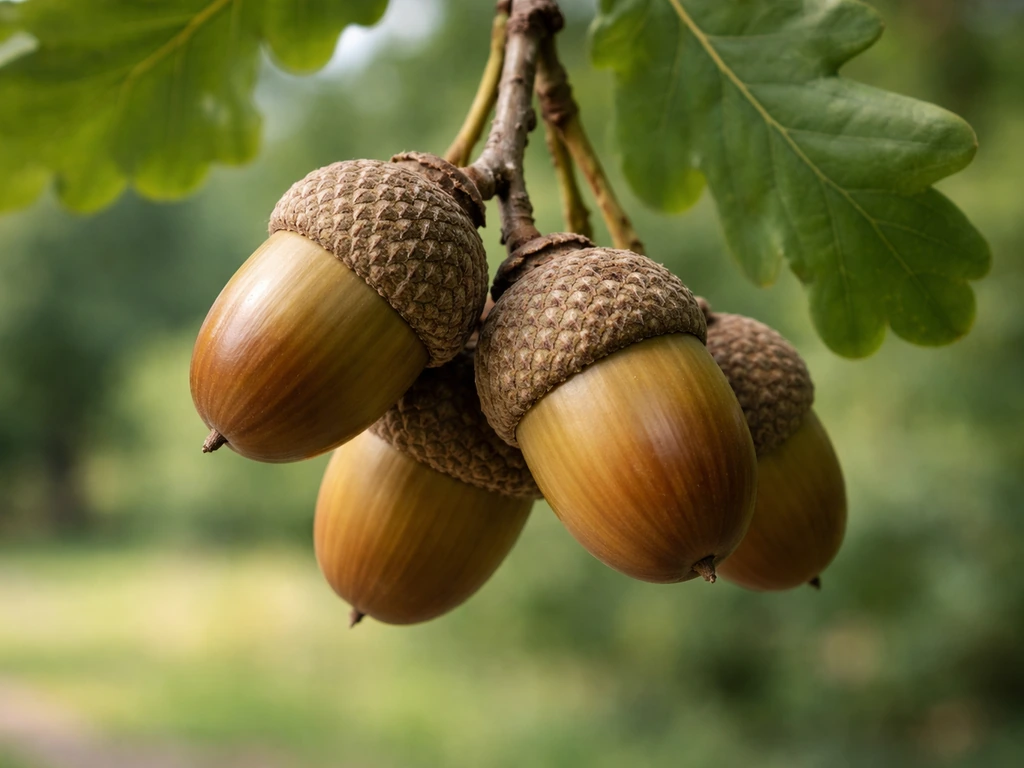 Close-up of English oak acorns and acorn cups on a branch in soft natural light