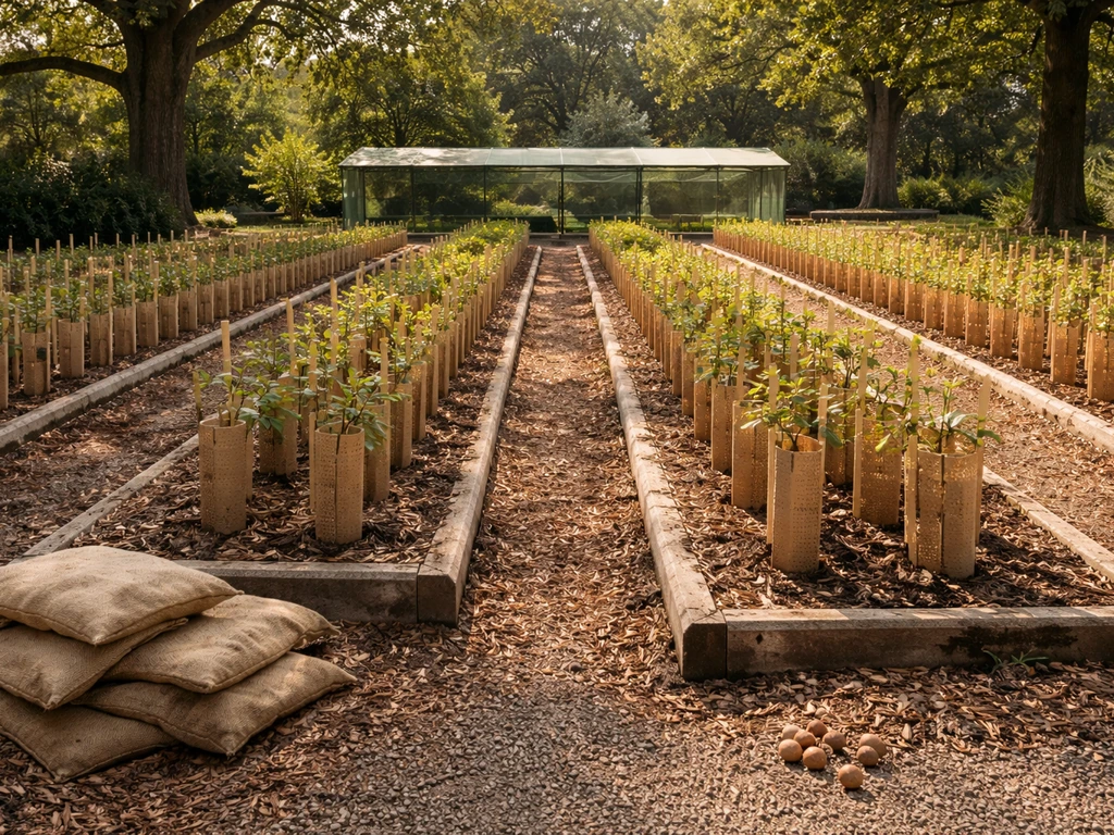 Rows of young oak saplings in a botanic garden with a few acorns on the soil and a simple glasshouse behind.