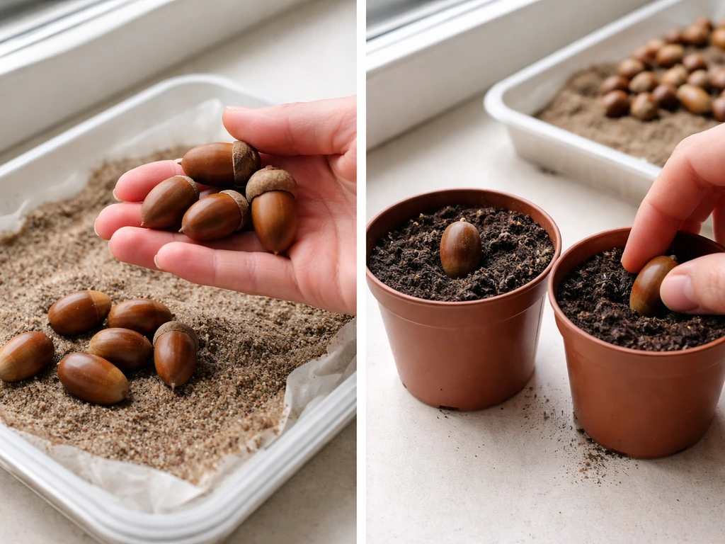 Acorns nestled in moist paper towel and then ready for planting in small pots with potting mix.