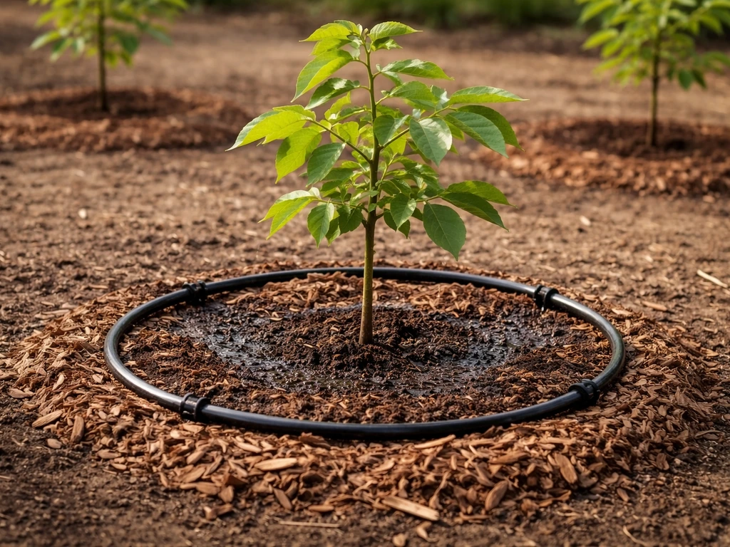Young walnut sapling in a mulch ring with irrigation hoses in the root zone.