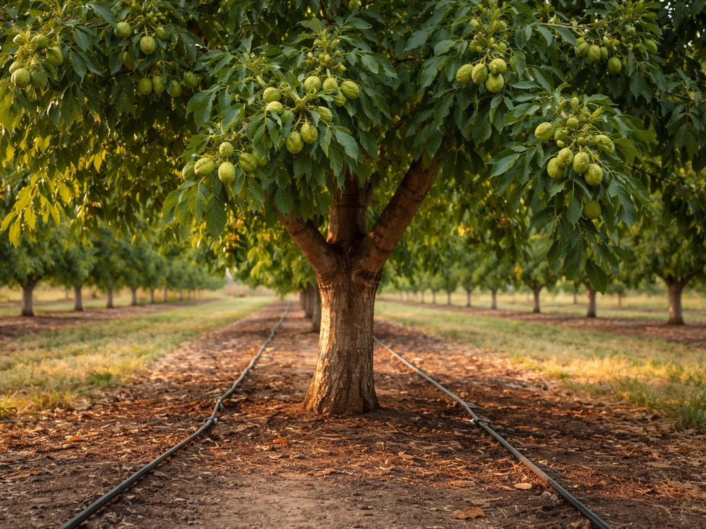 Mature walnut tree in an orchard with green walnuts and visible drip irrigation lines during peak water demand.