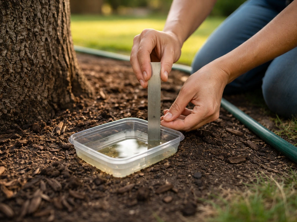Person measuring irrigation depth with a catch container beside a yard tree