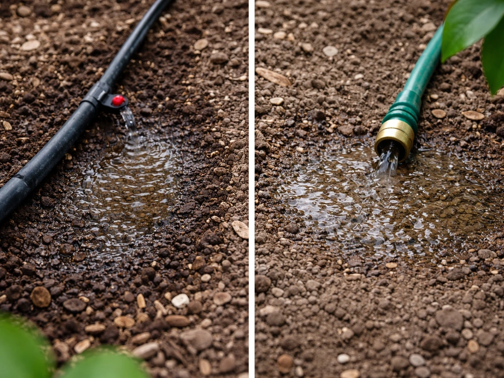 Close-up of drip irrigation emitters beside a nearby shallow watering damp patch in orchard soil.