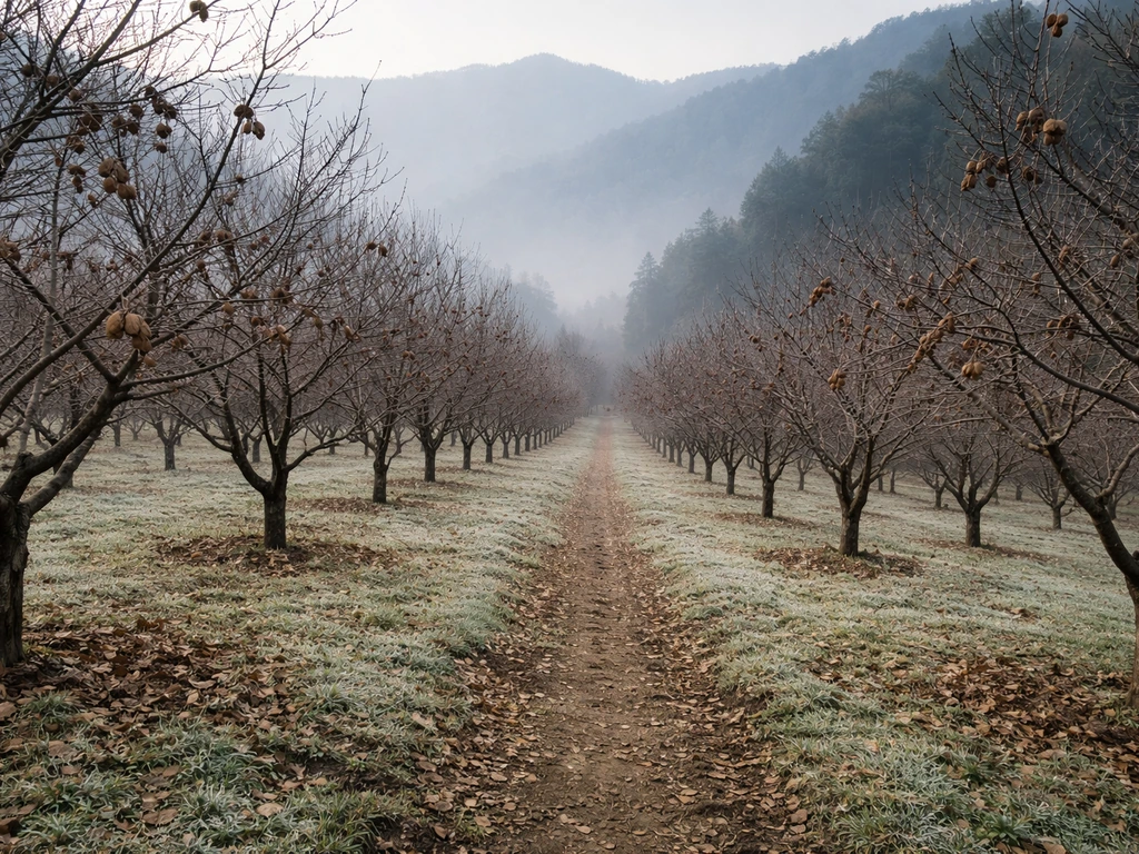 Hazelnut orchard in Himalayan foothills with frosty winter light and hazelnut trees