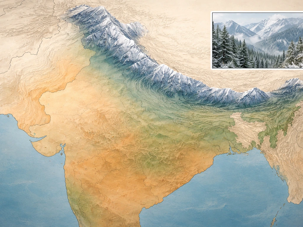 Simplified India map-like view contrasting cool Himalayan belt versus warm plains and coasts for hazelnuts