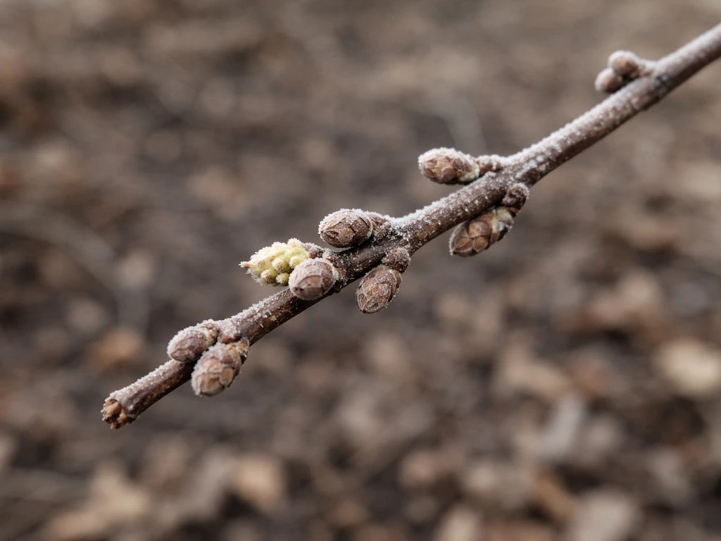 Close-up of hazelnut buds in winter transitioning toward catkins on a twig