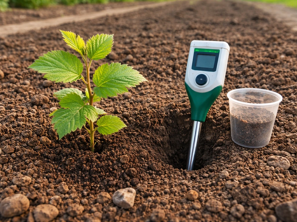 Handheld pH meter testing soil next to a hazelnut sapling in well-drained prepared ground.